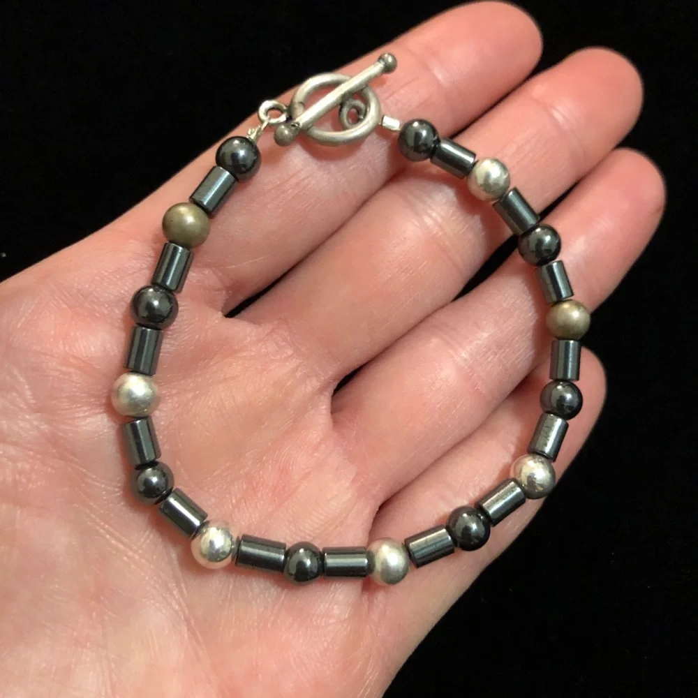 Vintage Hematite and Silver Tone Beaded Bracelet